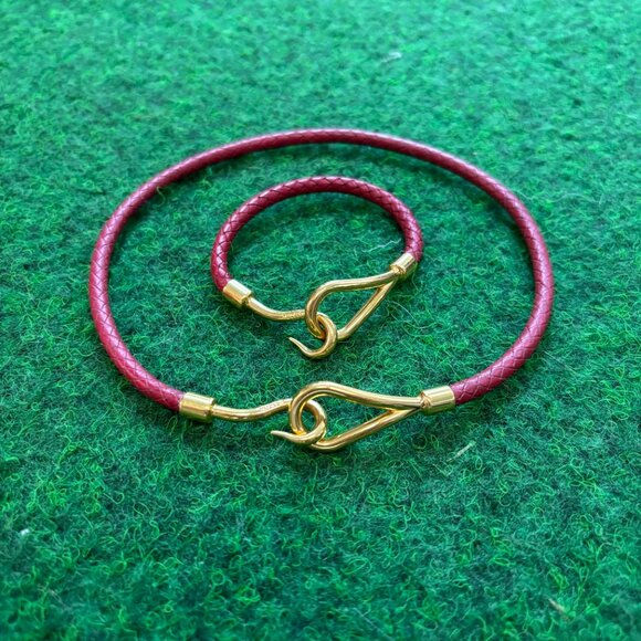 Hermes Woven Leather Choker and Bracelet Red and Gold - Picture 1 of 7